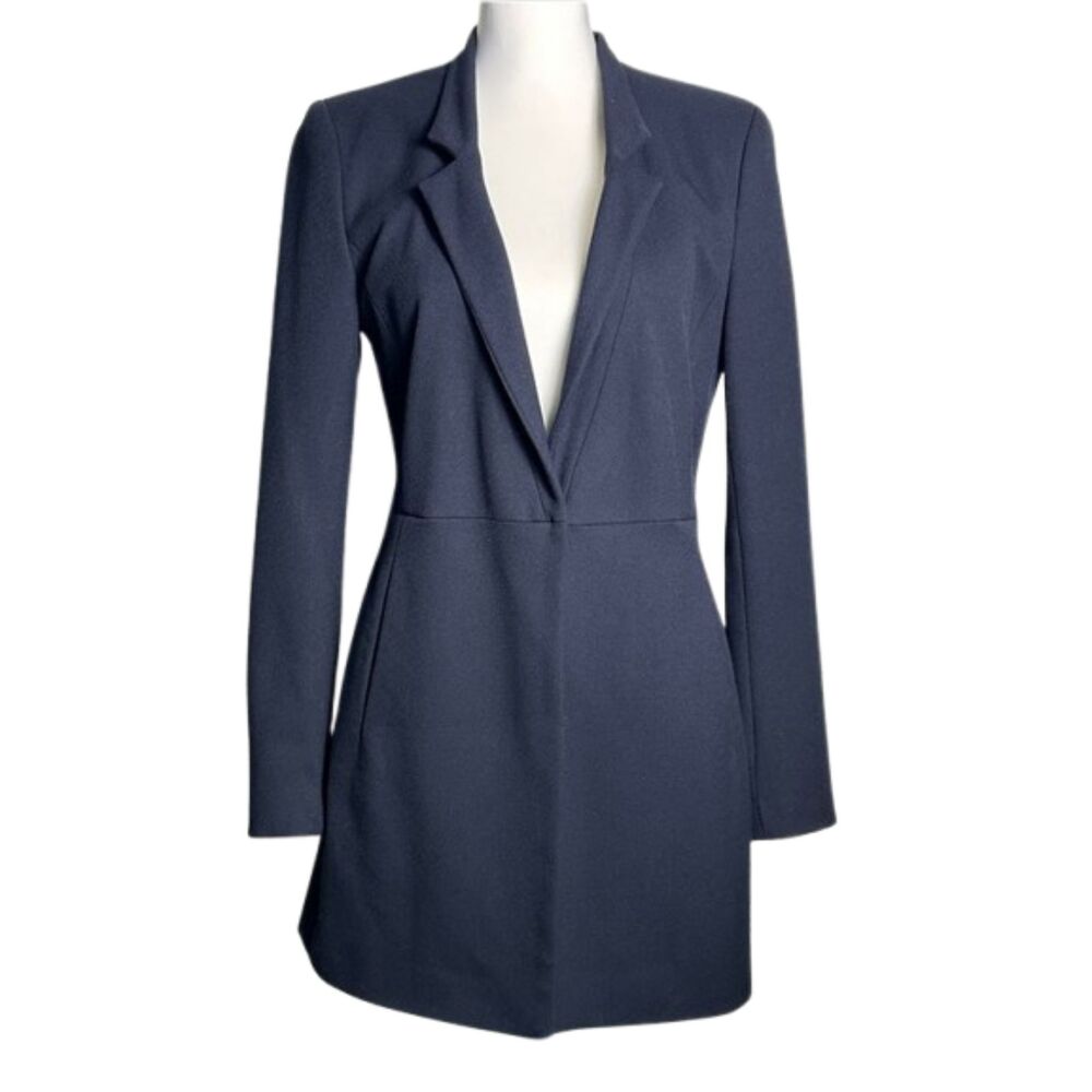 Zara Structured Blazer Dress Womens Medium Deep V-neck Snap Front Closure Navy